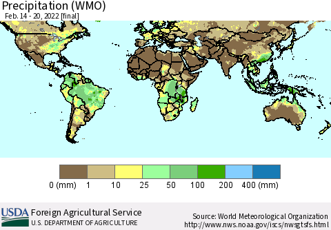World Precipitation (WMO) Thematic Map For 2/14/2022 - 2/20/2022