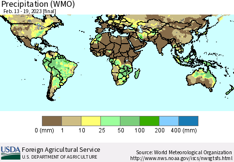 World Precipitation (WMO) Thematic Map For 2/13/2023 - 2/19/2023