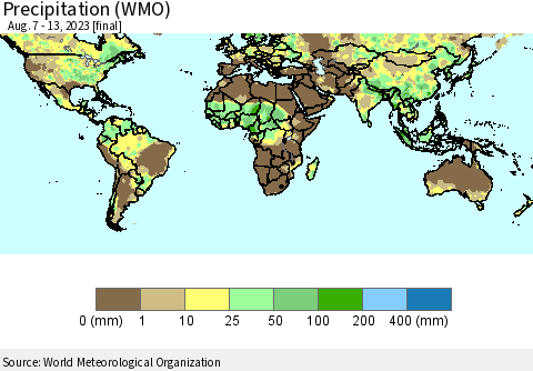 World Precipitation (WMO) Thematic Map For 8/7/2023 - 8/13/2023