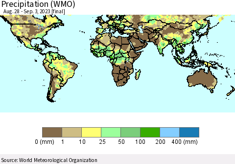 World Precipitation (WMO) Thematic Map For 8/28/2023 - 9/3/2023