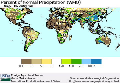 World Percent of Normal Precipitation (WMO) Thematic Map For 1/6/2020 - 1/12/2020
