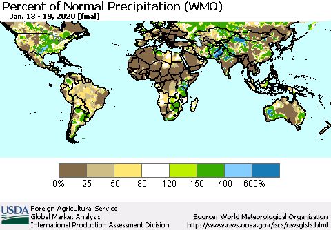 World Percent of Normal Precipitation (WMO) Thematic Map For 1/13/2020 - 1/19/2020