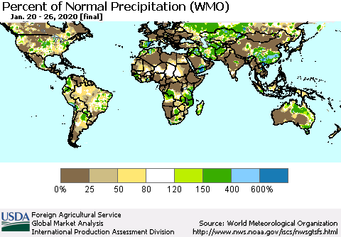 World Percent of Normal Precipitation (WMO) Thematic Map For 1/20/2020 - 1/26/2020