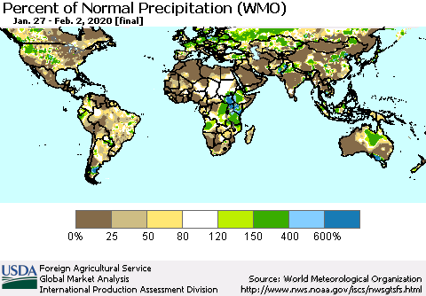 World Percent of Normal Precipitation (WMO) Thematic Map For 1/27/2020 - 2/2/2020