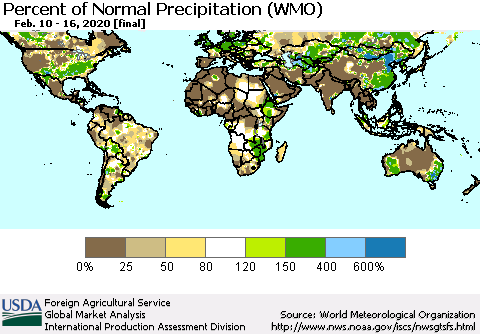 World Percent of Normal Precipitation (WMO) Thematic Map For 2/10/2020 - 2/16/2020