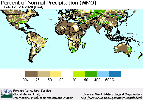 World Percent of Normal Precipitation (WMO) Thematic Map For 2/17/2020 - 2/23/2020