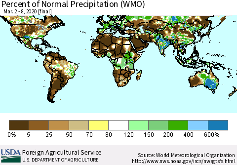 World Percent of Normal Precipitation (WMO) Thematic Map For 3/2/2020 - 3/8/2020