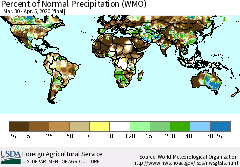 World Percent of Normal Precipitation (WMO) Thematic Map For 3/30/2020 - 4/5/2020