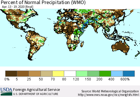 World Percent of Normal Precipitation (WMO) Thematic Map For 4/13/2020 - 4/19/2020