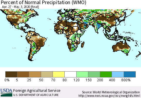 World Percent of Normal Precipitation (WMO) Thematic Map For 4/27/2020 - 5/3/2020
