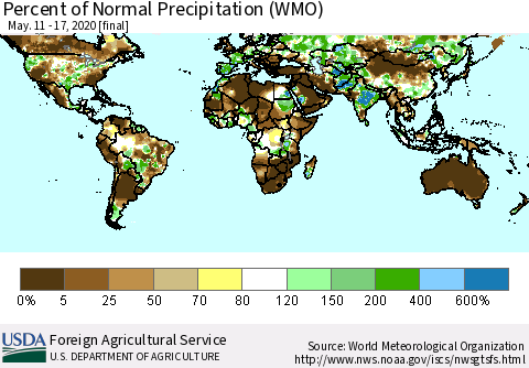 World Percent of Normal Precipitation (WMO) Thematic Map For 5/11/2020 - 5/17/2020