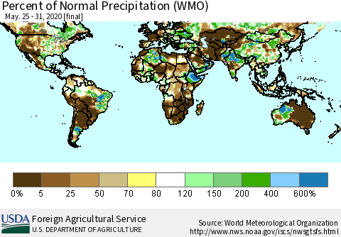 World Percent of Normal Precipitation (WMO) Thematic Map For 5/25/2020 - 5/31/2020
