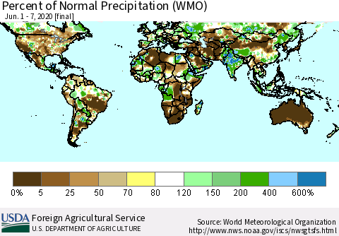 World Percent of Normal Precipitation (WMO) Thematic Map For 6/1/2020 - 6/7/2020