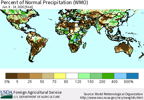 World Percent of Normal Precipitation (WMO) Thematic Map For 6/8/2020 - 6/14/2020