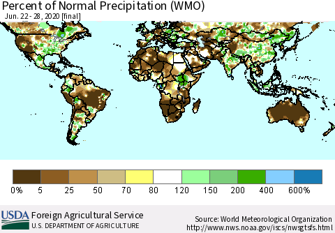 World Percent of Normal Precipitation (WMO) Thematic Map For 6/22/2020 - 6/28/2020
