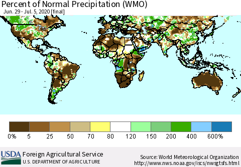 World Percent of Normal Precipitation (WMO) Thematic Map For 6/29/2020 - 7/5/2020