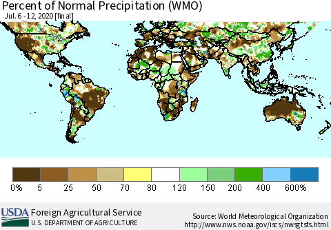 World Percent of Normal Precipitation (WMO) Thematic Map For 7/6/2020 - 7/12/2020
