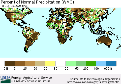 World Percent of Normal Precipitation (WMO) Thematic Map For 7/13/2020 - 7/19/2020