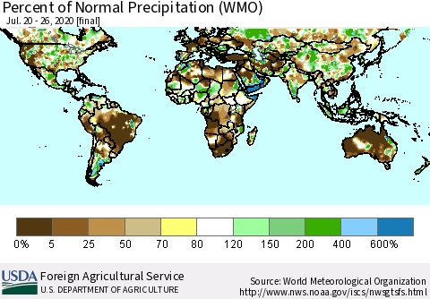 World Percent of Normal Precipitation (WMO) Thematic Map For 7/20/2020 - 7/26/2020