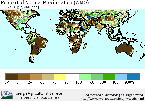 World Percent of Normal Precipitation (WMO) Thematic Map For 7/27/2020 - 8/2/2020