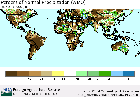 World Percent of Normal Precipitation (WMO) Thematic Map For 8/3/2020 - 8/9/2020