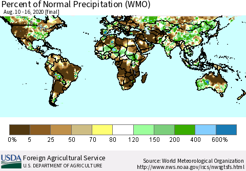 World Percent of Normal Precipitation (WMO) Thematic Map For 8/10/2020 - 8/16/2020