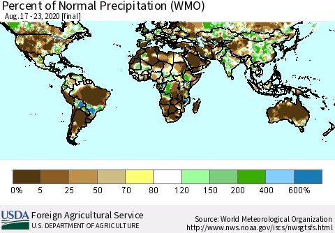 World Percent of Normal Precipitation (WMO) Thematic Map For 8/17/2020 - 8/23/2020