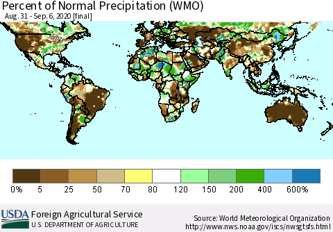 World Percent of Normal Precipitation (WMO) Thematic Map For 8/31/2020 - 9/6/2020