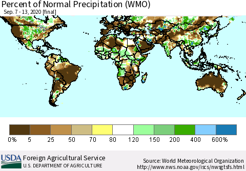 World Percent of Normal Precipitation (WMO) Thematic Map For 9/7/2020 - 9/13/2020