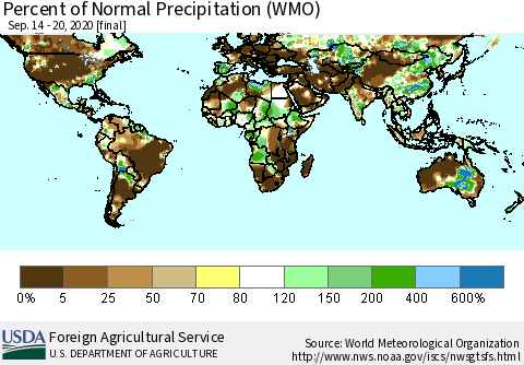 World Percent of Normal Precipitation (WMO) Thematic Map For 9/14/2020 - 9/20/2020
