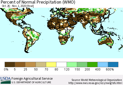 World Percent of Normal Precipitation (WMO) Thematic Map For 10/26/2020 - 11/1/2020