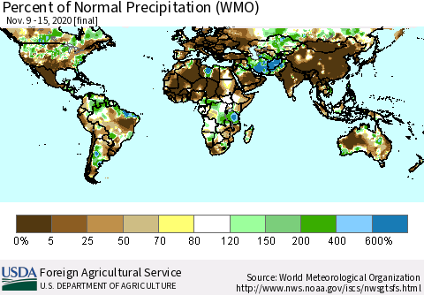 World Percent of Normal Precipitation (WMO) Thematic Map For 11/9/2020 - 11/15/2020