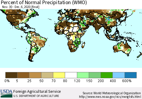 World Percent of Normal Precipitation (WMO) Thematic Map For 11/30/2020 - 12/6/2020