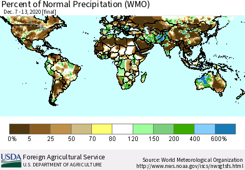 World Percent of Normal Precipitation (WMO) Thematic Map For 12/7/2020 - 12/13/2020