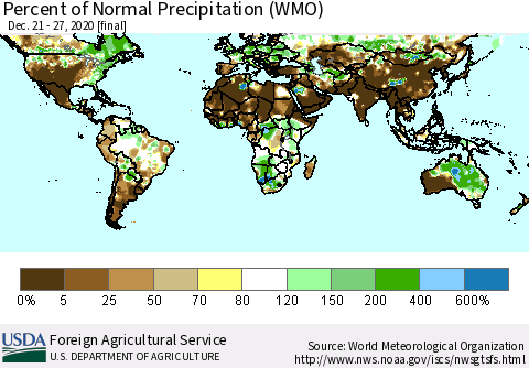 World Percent of Normal Precipitation (WMO) Thematic Map For 12/21/2020 - 12/27/2020