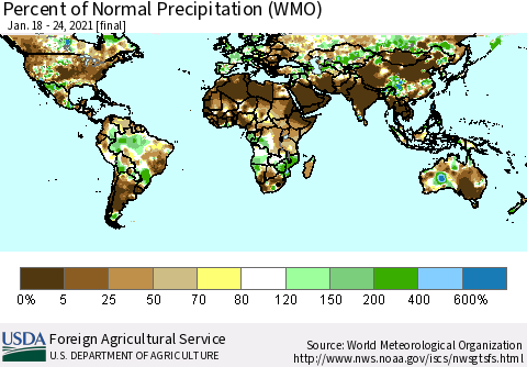 World Percent of Normal Precipitation (WMO) Thematic Map For 1/18/2021 - 1/24/2021