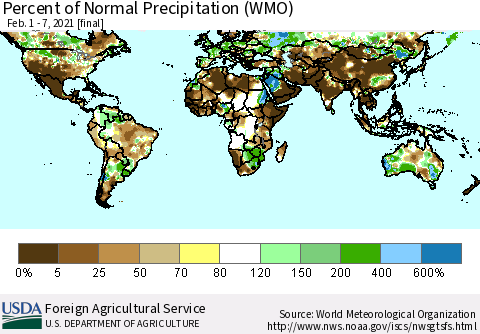 World Percent of Normal Precipitation (WMO) Thematic Map For 2/1/2021 - 2/7/2021