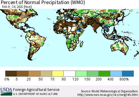World Percent of Normal Precipitation (WMO) Thematic Map For 2/8/2021 - 2/14/2021