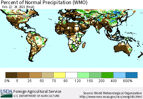 World Percent of Normal Precipitation (WMO) Thematic Map For 2/22/2021 - 2/28/2021