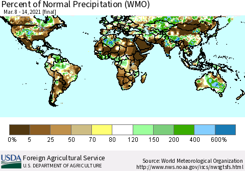 World Percent of Normal Precipitation (WMO) Thematic Map For 3/8/2021 - 3/14/2021