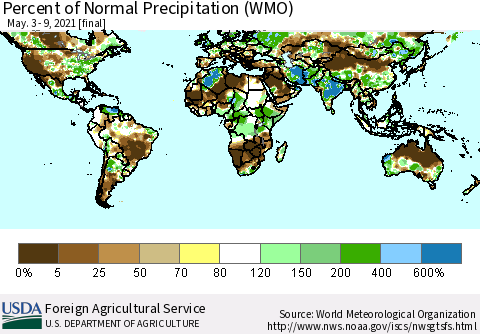 World Percent of Normal Precipitation (WMO) Thematic Map For 5/3/2021 - 5/9/2021