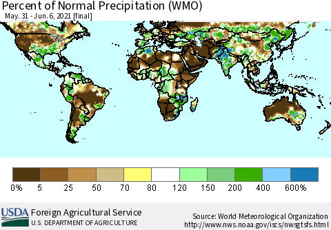 World Percent of Normal Precipitation (WMO) Thematic Map For 5/31/2021 - 6/6/2021