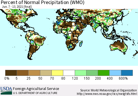World Percent of Normal Precipitation (WMO) Thematic Map For 6/7/2021 - 6/13/2021