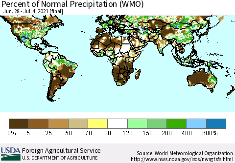 World Percent of Normal Precipitation (WMO) Thematic Map For 6/28/2021 - 7/4/2021