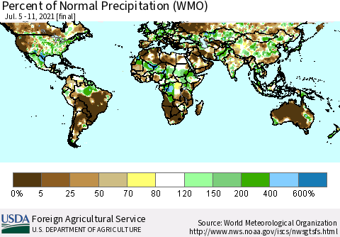 World Percent of Normal Precipitation (WMO) Thematic Map For 7/5/2021 - 7/11/2021