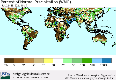 World Percent of Normal Precipitation (WMO) Thematic Map For 7/12/2021 - 7/18/2021