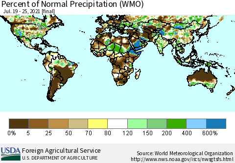 World Percent of Normal Precipitation (WMO) Thematic Map For 7/19/2021 - 7/25/2021