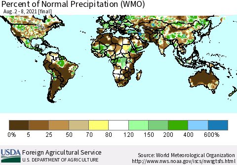 World Percent of Normal Precipitation (WMO) Thematic Map For 8/2/2021 - 8/8/2021