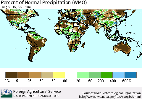 World Percent of Normal Precipitation (WMO) Thematic Map For 8/9/2021 - 8/15/2021