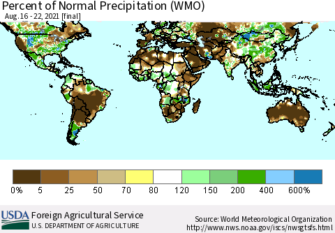 World Percent of Normal Precipitation (WMO) Thematic Map For 8/16/2021 - 8/22/2021